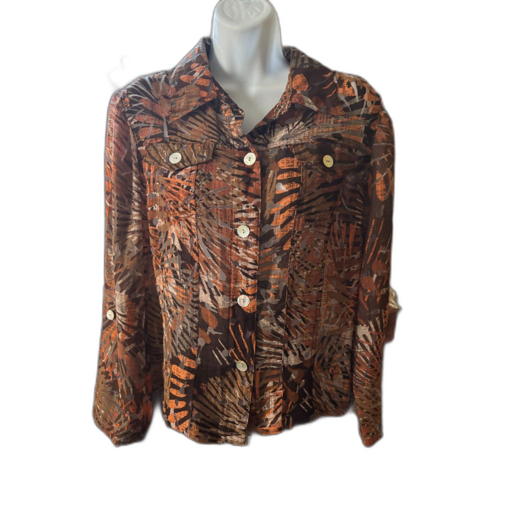 Ruby Rd Size 12 Women's Semi Sheer Earth Tones Blouse 40" Bust 22" Length